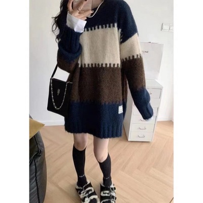 Color matching stripe Sweater Autumn new pattern Korean Edition Sense of design Easy Lazy T-shirts Long sleeve Retro sweater