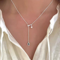 S925 スターリングシルバーブルーウォータードロップネックレス女性の調節可能な鎖骨チェーンインライト高級インターネット有名人ブロガーシルバーネックレス