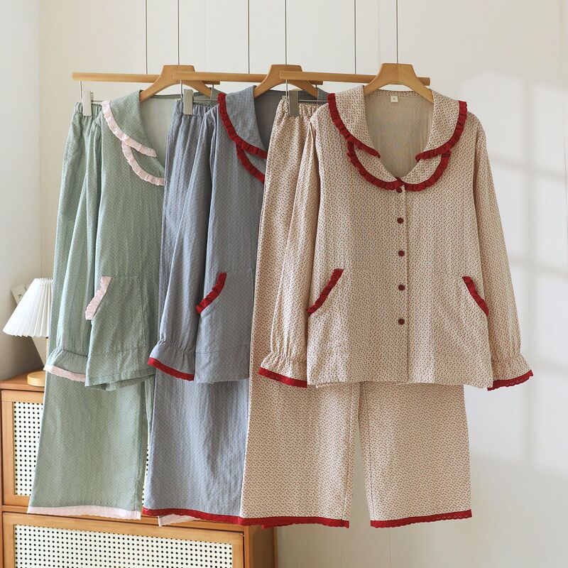 2026 Autumn New Fashionable Pure Cotton Double-Layer Doll Collar Long Sleeve Long Pants Loose Comfortable Home Wear 2026 Autumn New Fashionable Pure Cotton Double-Layer Doll Collar Long Sleeve Long Pants Loose Comfortable Home Wear