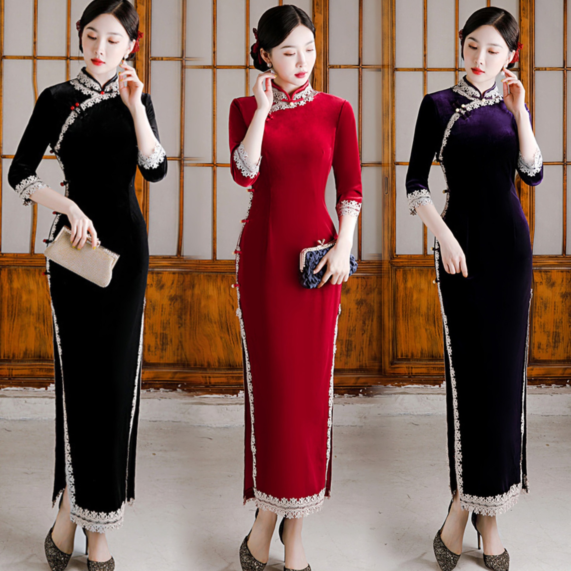 Black Silk Velour National Style New Chinese Long Modified Cheongsam 2024 New Women Retro Long Sleeve Fashion Spring and Autumn Show Dress