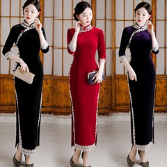 Black Silk Velour National Style New Chinese Long Modified Cheongsam 2024 New Women Retro Long Sleeve Fashion Spring and Autumn Show Dress