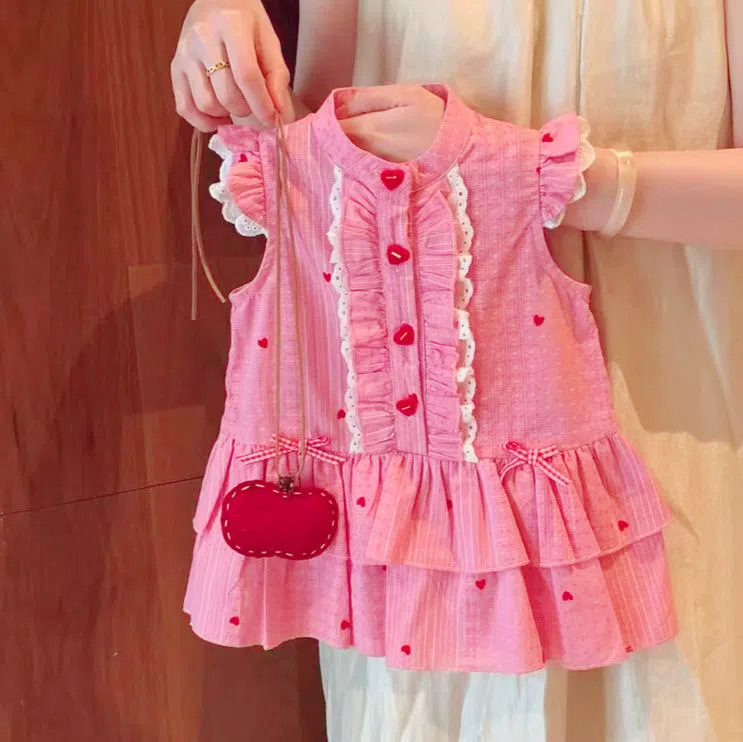 Girls Korean Style Small Flying Sleeve Dress Summer 2025 New Style Baby Girl Fashionable Polka Dot Pink Vest Dress