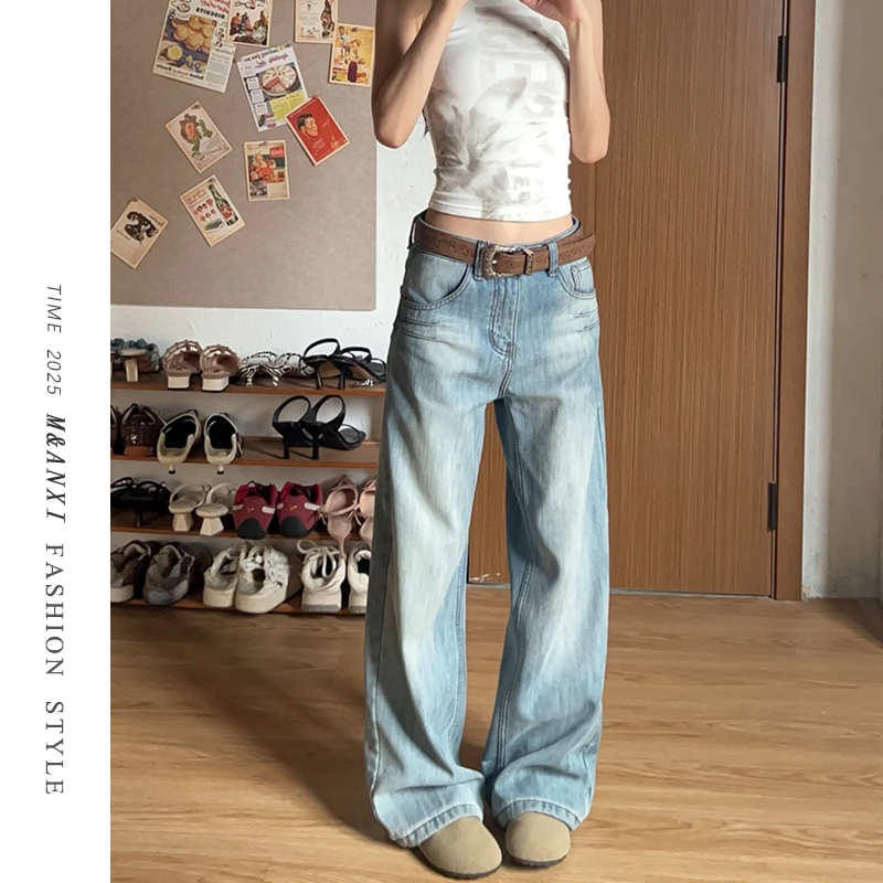 Women's American-Style Washed Blue Straight-Leg Jeans, Autumn New High-Waisted Loose Slimming Faded Wide-Leg Pants