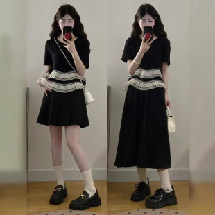 Plus Size Design Black Round Neck Double-Layer Ruffle Patchwork Top + High-Waisted Skirt Two-Piece Set for Women in Summer