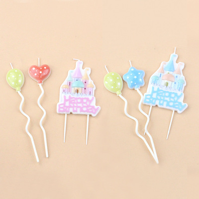 新款儿童生日烘焙蛋糕装饰可爱卡通城堡造型粉色蓝色气球蜡烛插件|ms