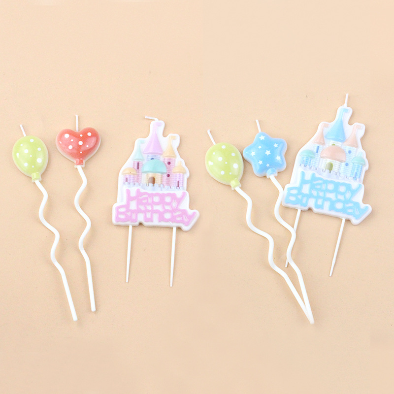 新款儿童生日烘焙蛋糕装饰可爱卡通城堡造型粉色蓝色气球蜡烛插件|ms