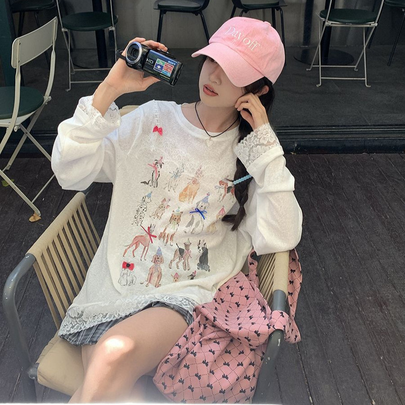 Japanese Style Sweet Sweet Cool Age-reducing Sunscreen Long-sleeved T-shirt Women's New Style Lace Stitching Cute Printed Top Trendy