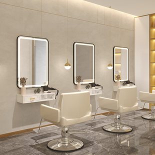 Trendy Hair Salon Haircut Oval Square Mirror Perm Dyeing Mirror Table with Led Light Tool Cabinet Set