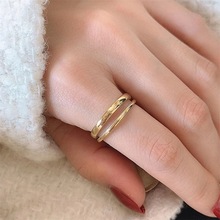 eManco 复古简约开口戒指女性双层可调节戒指不锈钢戒指