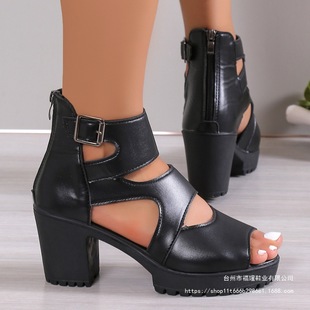 2025 Spring/Summer New Peep-Toe Leather Shoes Roman Hollow Sandals for Women with Chunky Mid Heels Fashionable Middle-Aged Mom Shoes Lightweight