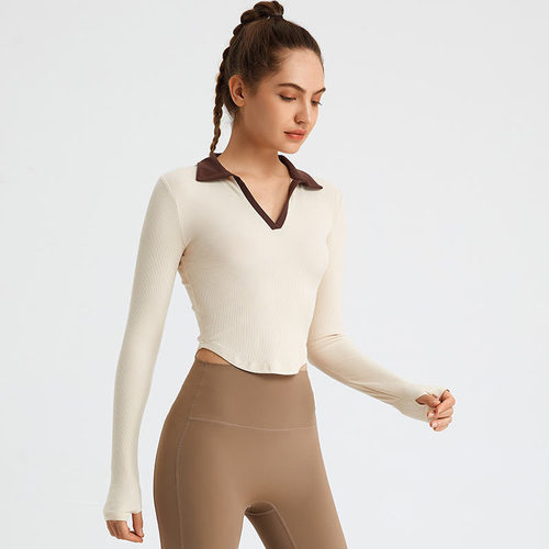 Lapel Contrast Color Sports T-shirt Women's V-neck Tight Long Sleeve Fitness Wear Arc Hem Running Breathable Stretch Yoga Wear