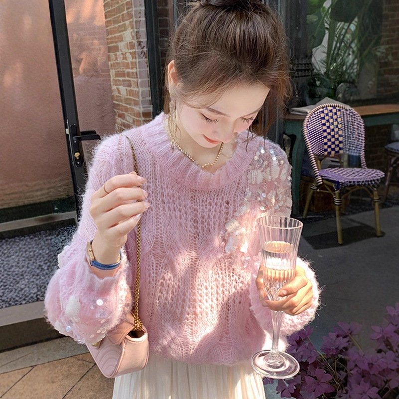 2026 Korean Version Spring, Autumn, and Winter New Sequin Sweater for Women, Short Style for Petite Figures, Gentle Style Mohair Hollow-Out Knitwear