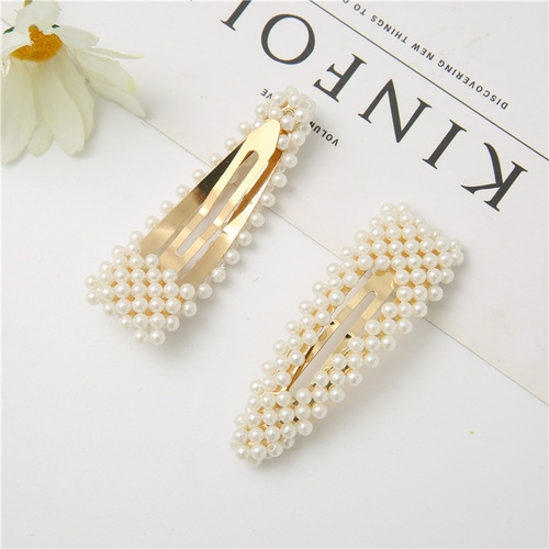 Korean version of Internet celebrity hand-woven pearl bb clip flower hair clip simple hair clip women's bangs clip one-word clip