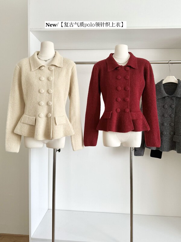 A Touch of Sweetness Polo Collar Gray Tweed-Style Knitted Top for Women 2025 Winter Sweater
