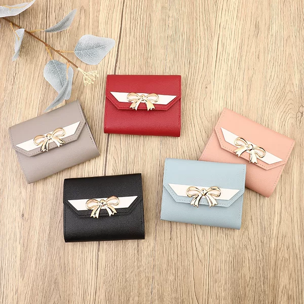 Cross-border Japanese and Korean Style Instagram Style Fashionable Small Wallet Women's Mini Wallet with Bow Knot Three-fold Short Coin Purse Card Bag