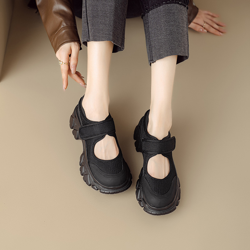 Giày Mary Jane nữ đế dày da thật quai ngang khóa Velcro — Đen + lưới, Đen + vải lụa