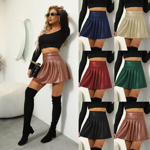 Solid color high waist skirt pleated small leather skirtƤȹ