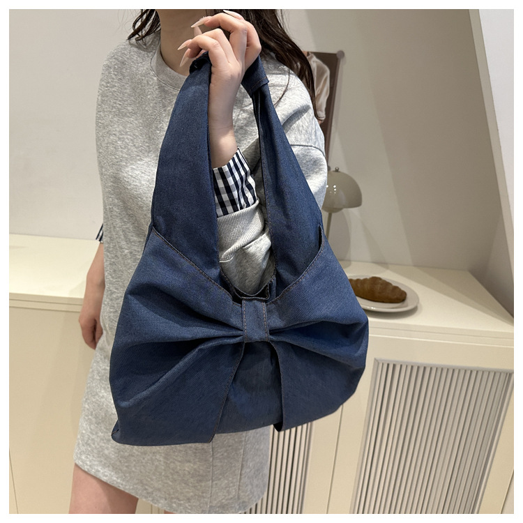 Tote Bag Bags Type Women's Large Denim Bow Knot Streetwear Sewing Thread Square Open Tote Bag