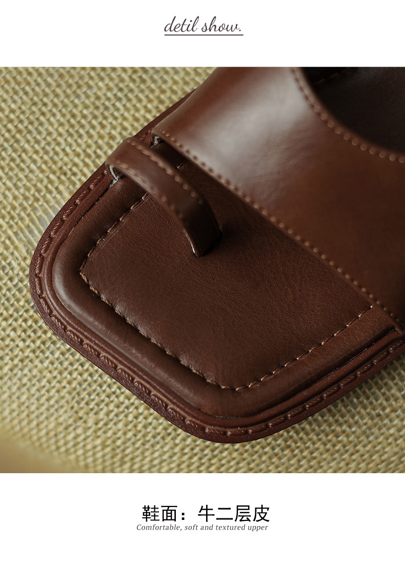 Sandal nữ xỏ ngón cổ điển đế bệt hở mũi — Màu nâu chi tiết 8