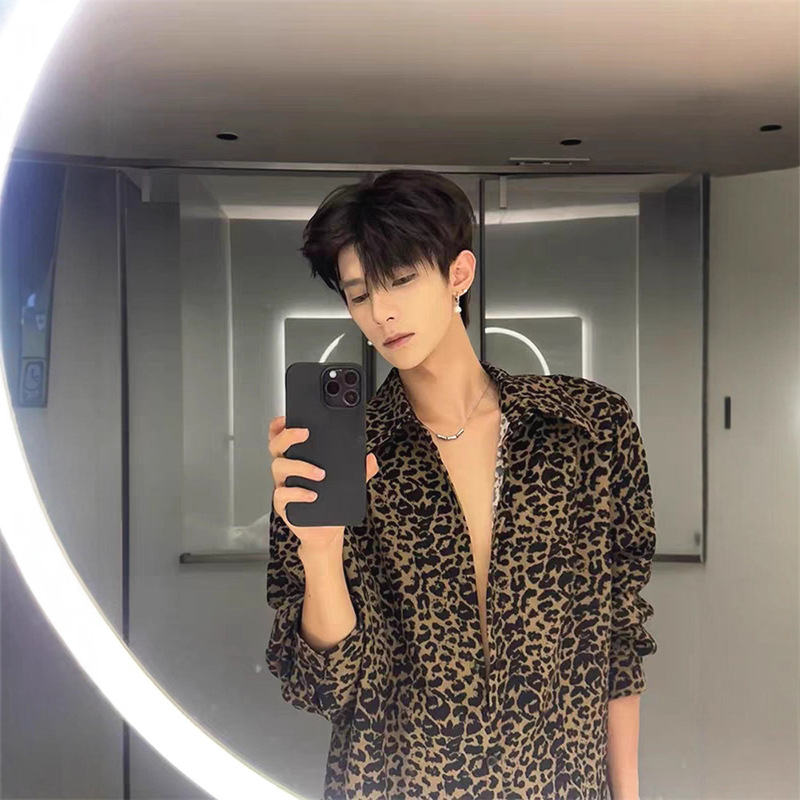 American-Style Leopard Print Shirt for Men, Full Print, Loose Long-Sleeved, Lazy and Relaxed Floral Shirt, Cool Ice Silk Chiffon Shirt, Trendy