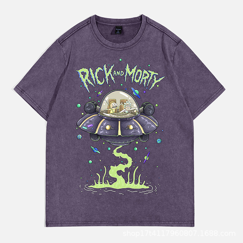 跨境水洗做旧短袖t恤男女宽松美式潮牌 rick and morty 外贸代发