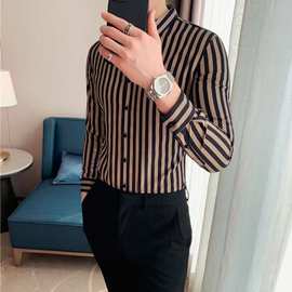 男士衬衫男长袖韩版修身潮流条纹衬衣帅气休闲高档商务寸衫外套春