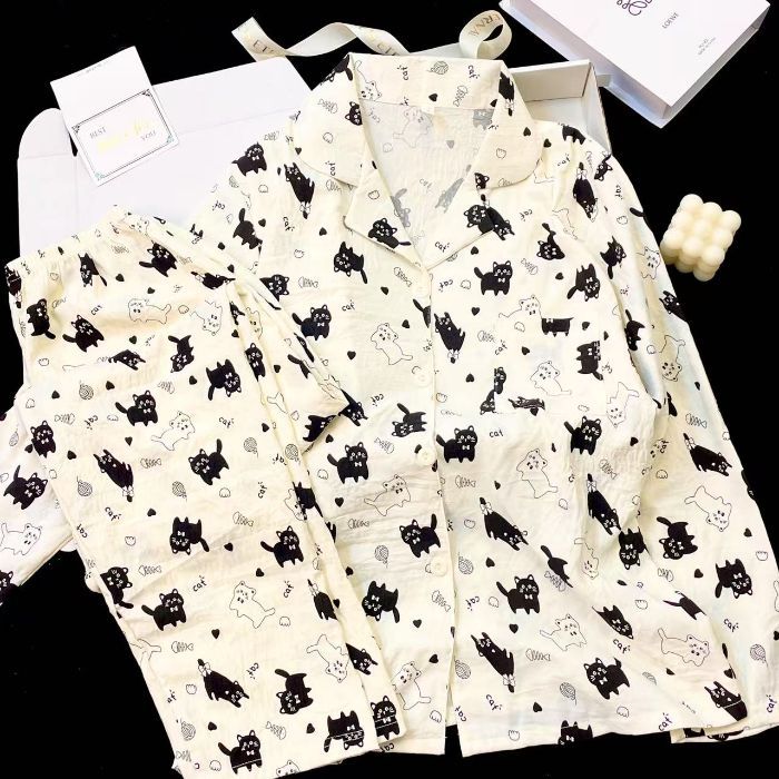 Al por mayor transfronterizo de otoño pantalones de mangas largas cardigan con collar nubes pijamas de algodón para mujeres explosión dulce dibujos animados set de ropa para el hogar