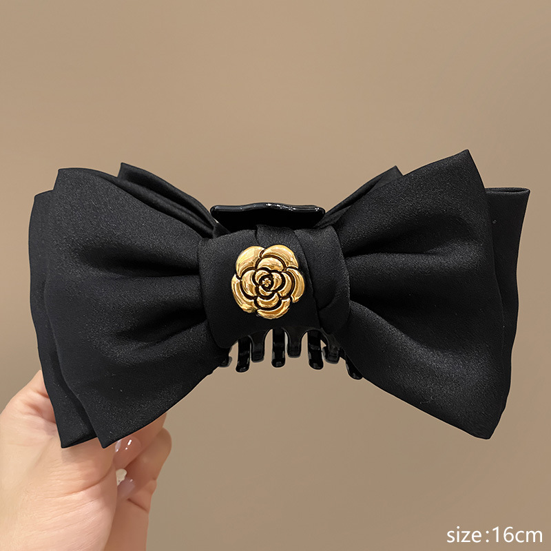 Camellia black double-sided large bow grip clip