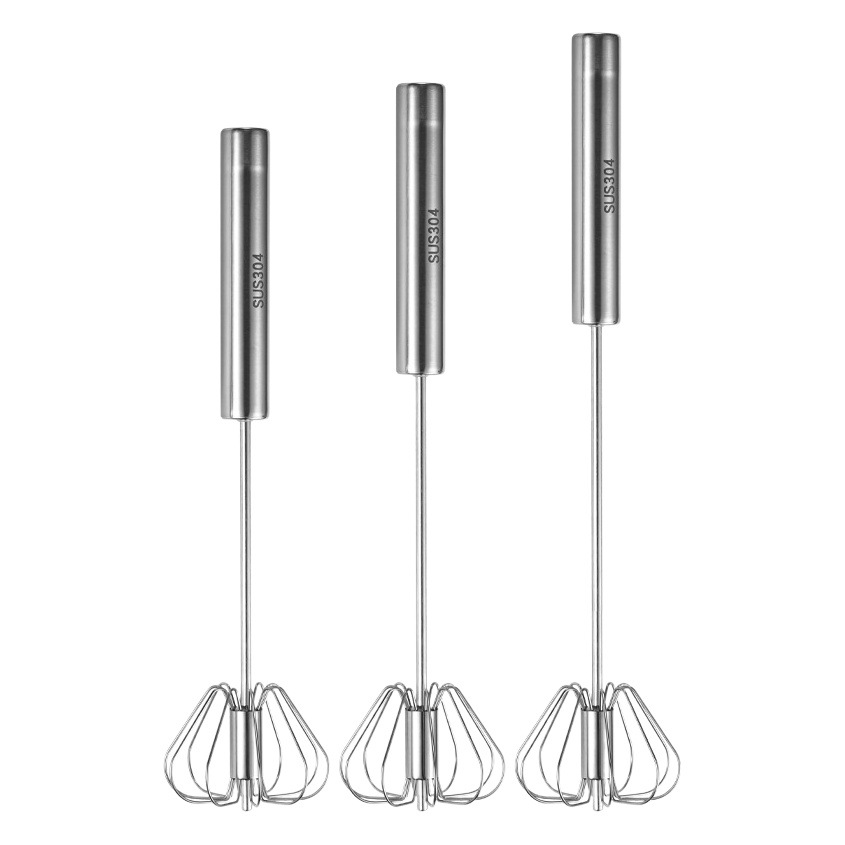 304 Stainless Steel Large Round Tube Handle Semi-Automatic Egg Beater Manual Press Rotating Egg Mixer for Mixing Cream