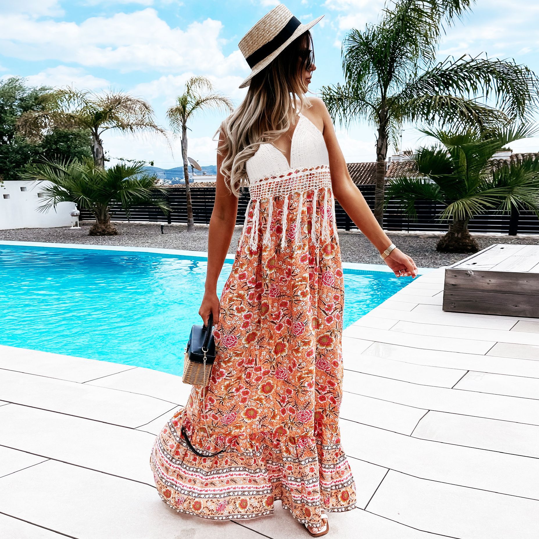 vestido floral de costura con cuello halter sin mangas de verano NSHYG118509