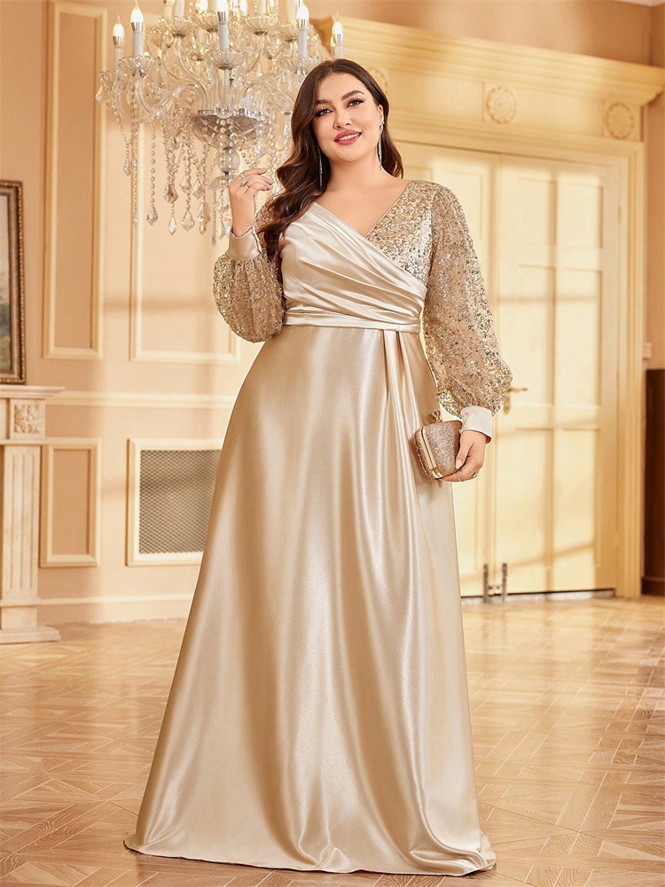 ChicShe Cross-Border Neues elegantes Plus-Size-Kleid aus Satin mit Pailletten, langen Ärmeln, V-Ausschnitt, schmal geschnitten, für Brautjungfern, Bankette und Abendveranstaltungen_voghion.com
