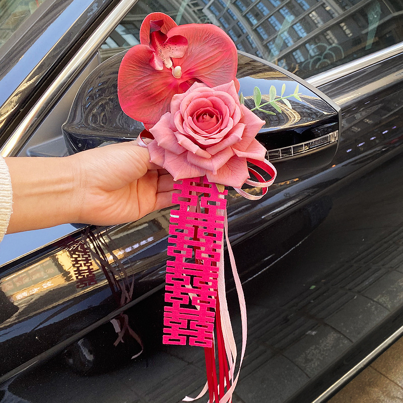 Carros de boda flor de cinta de color boda flor de mano decoración del equipo de espejo retrovisor diseño de carros de boda pegatinas suministros de boda