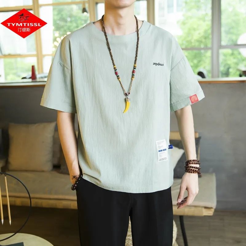 Camiseta de lino de manga corta para hombre Traje Tang de estilo chino Traje de hombre gordo retro de gran tamaño Abrigo de algodón y lino de media manga suelto y delgado