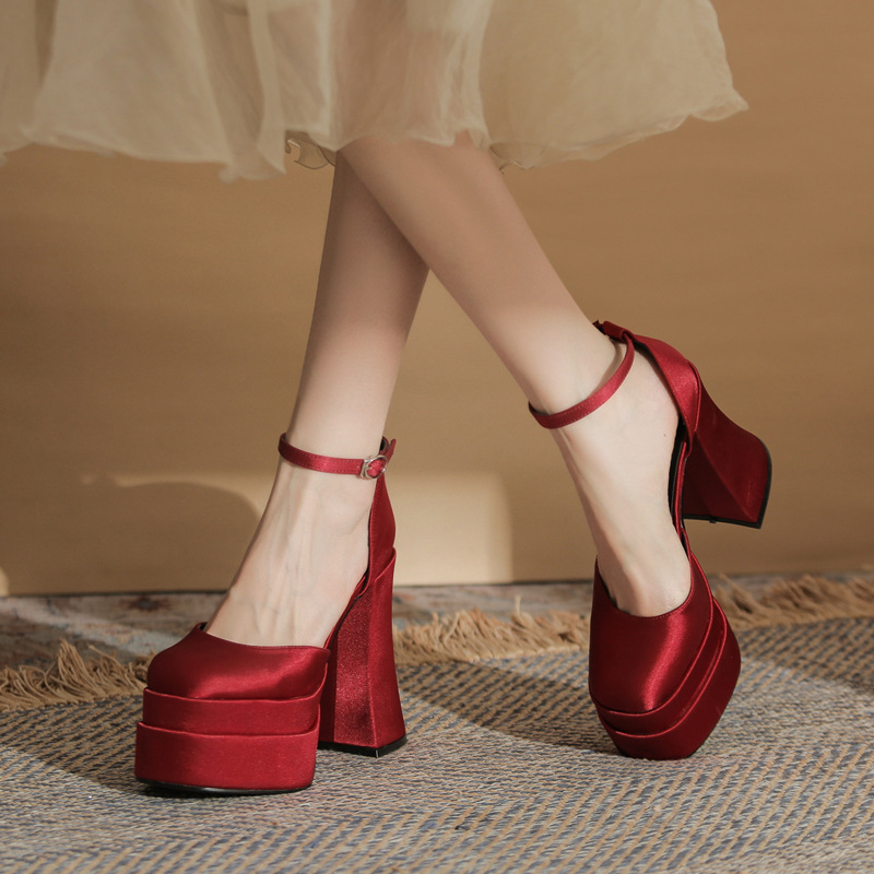 Jin Gang MY12005 Square Head Thick Heeled Hollow Double Layer Waterproof Platform Super High Heeled Shoes Women's 2024 Wedding Shoes Bridal Shoes