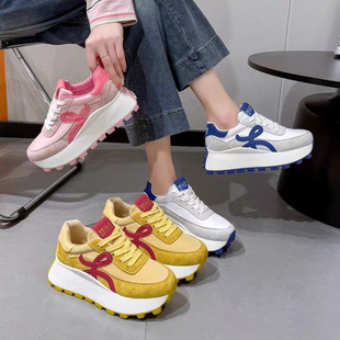 Thick-Soled Dad Shoes for Women, Height-Increasing Breathable Waffle Sneakers, 2025 Spring New Genuine Leather and Fabric Chinese Style Agan Shoes