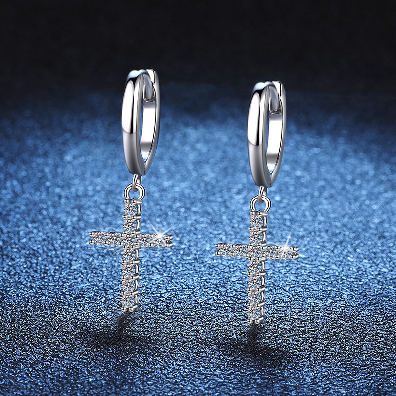 S925 Sterling Silver Earrings Women's Full Diamond Moissanite Earrings High-grade European and American-style Cross Earrings Moissanite Earrings