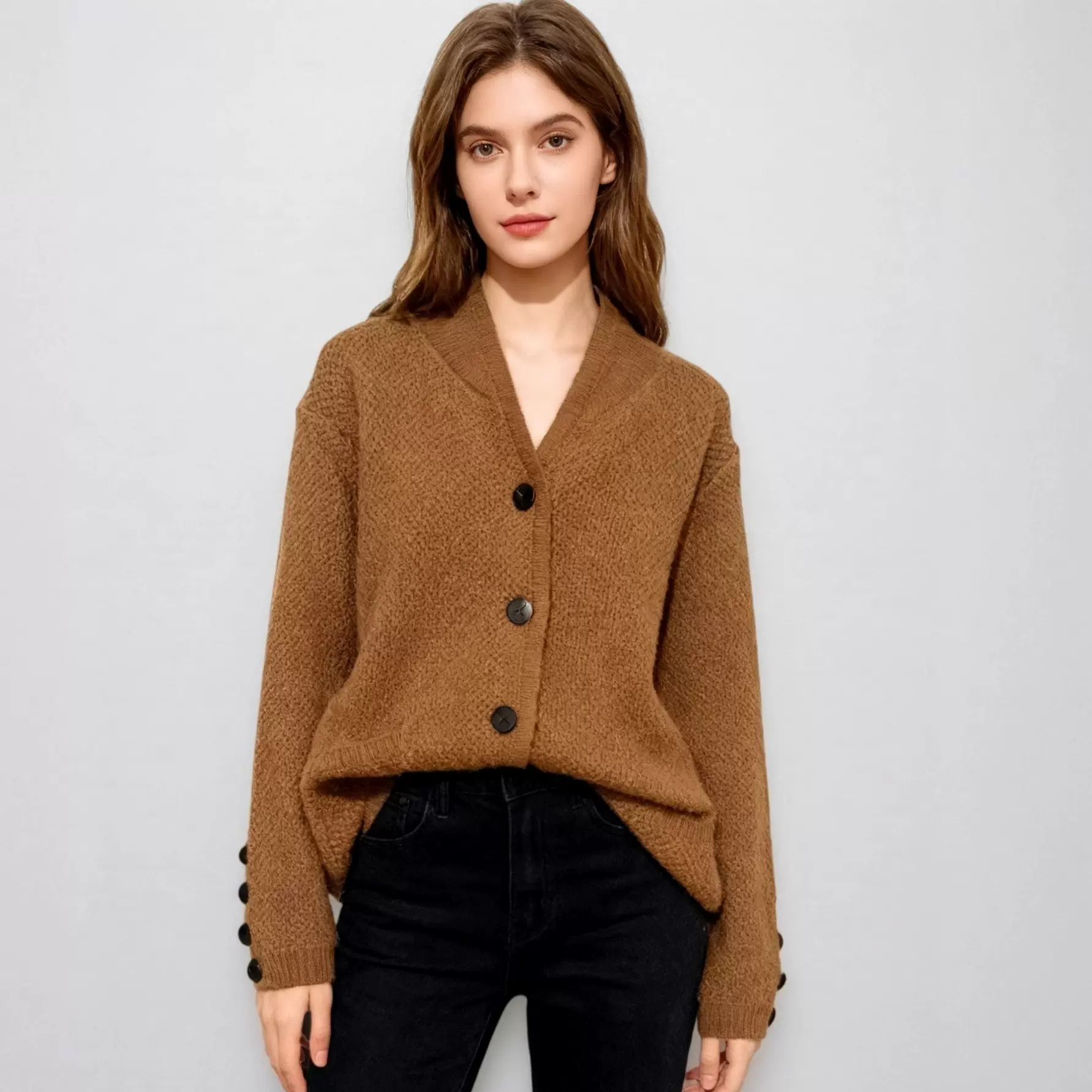 跨境韩系慵懒风上衣女2025秋冬季新中式立领针织开衫显瘦毛衣外套