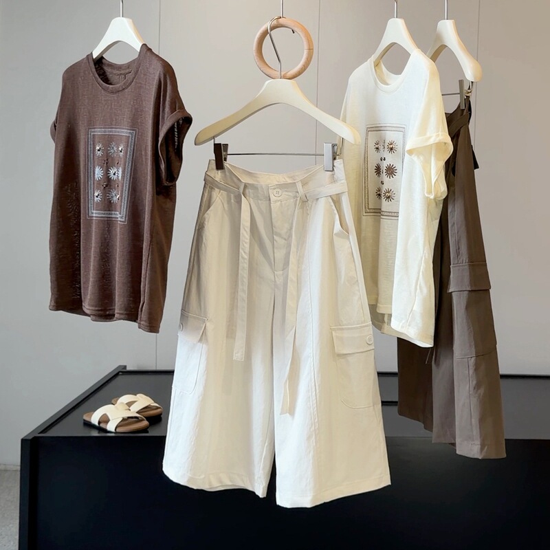 Korean Style New Pocket Cargo Cropped Pants for Women, Summer New High-Waisted Loose Versatile Straight Wide-Leg Casual Pants
