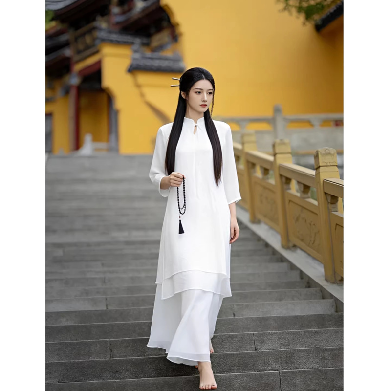 Zen-Inspired Ethereal Healing Zen Clothing for Women, Summer Chinese-Style Cotton and Linen Set, Temple Worship Plain Attire, Meditation Layperson Clothing
