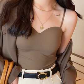 跨境外贸美背小背心带胸垫一体式冰丝吊带背心女透气长款薄款夏季