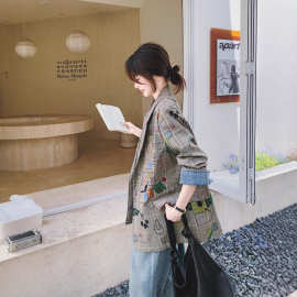 灰色格子西装外套女春秋2025新款设计感炸街宽松休闲涂鸦印花西服
