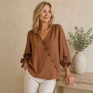2026 Cross-Border Women's V-Neck Diagonal Linen Top with Three-Quarter Puff Sleeves and Bow Cuffs, Loose Casual Shirt 2026 Cross-Border Women's V-Neck Diagonal Linen Top with Three-Quarter Puff Sleeves and Bow Cuffs, Loose Casual Shirt