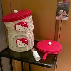 かわいい猫の綿のひもの収納かごは大容量のデスクトップを編んで防塵して蓋の収納桶のごみの収納かごの家庭用を持ちます。