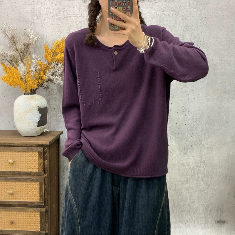2026 Autumn New Collection: Retro Solid Color Crochet Knit Sweater, Loose-Fit Round Neck Pullover Top for Women