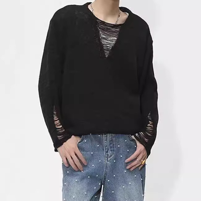 European and American Autumn New Thin Hollow Hole Design Niche Trendy Knitwear Long Sleeve All-match Loose Sweater for Men and Women