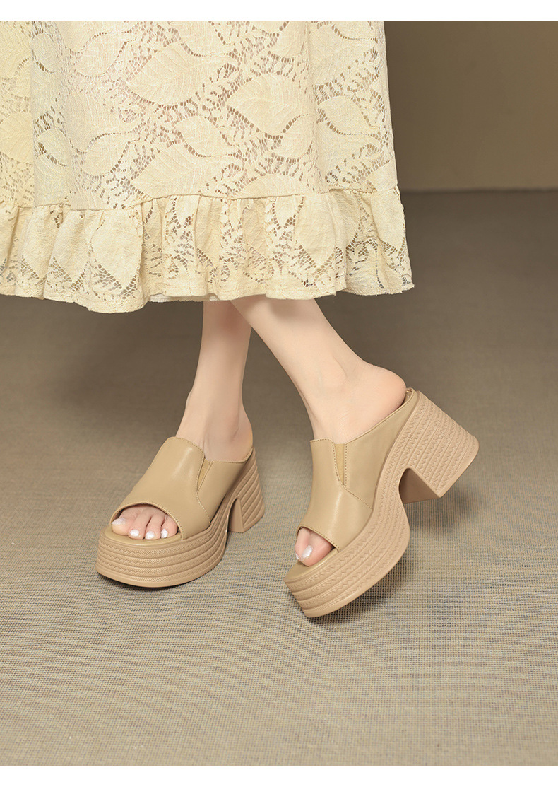 Sandal cao gót nữ quai ngang mũi hở đế platform gót vuông 9 cm — màu đen, màu mơ chi tiết 11