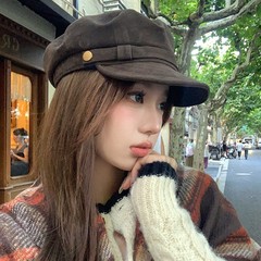 入秋氛围感美拉德~棕色麂皮平顶报童帽女秋冬复古英伦八角画家帽