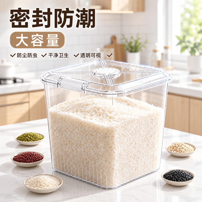 Kitchen Insect-Proof and Moisture-Proof Rice Storage Container for Home Use, 5-15kg Large Capacity Transparent Sealed Rice Storage Box with Wheels, Movable Kitchen Insect-Proof and Moisture-Proof Rice Storage Container for Home Use, 5-15kg Large Capacity Transparent Sealed Rice Storage Box with Wheels, Movable