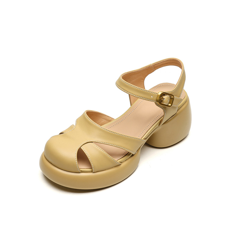 Sandal gót thô da cừu bít mũi phong cách La Mã đế dày quai ngang hở gót — Màu vàng ngỗng
