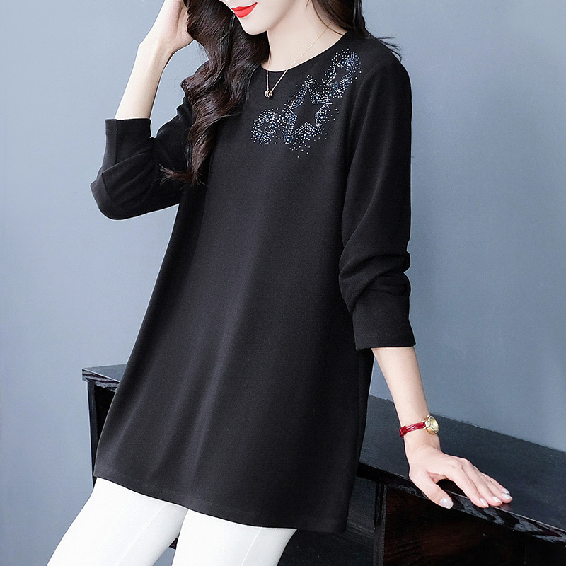 Spring new warm hot drill bottom sweater with long sleeve T-shirt big size fat mm middle-aged and elderly mother top